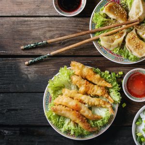 Fried tempura shrimps with sauces